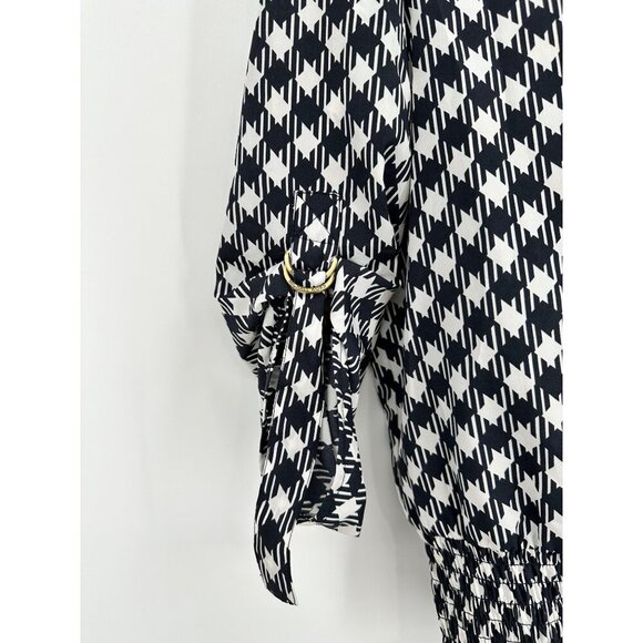 Michael Kors Blouse Women XS Black White Printed Smocked Waist adjustable Sleeve - Picture 2 of 8